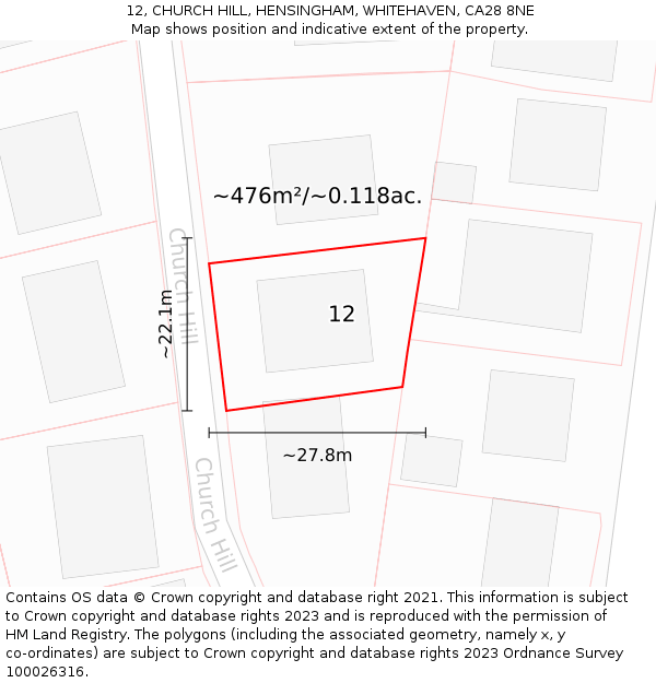 12, CHURCH HILL, HENSINGHAM, WHITEHAVEN, CA28 8NE: Plot and title map