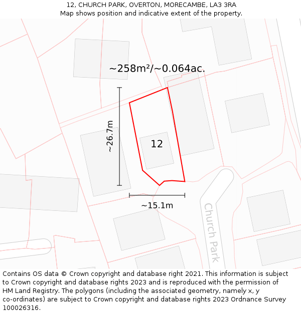 12, CHURCH PARK, OVERTON, MORECAMBE, LA3 3RA: Plot and title map