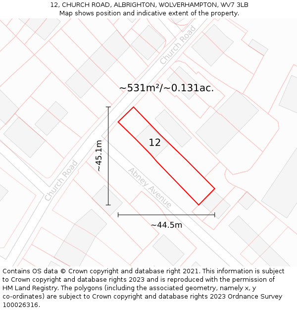 12, CHURCH ROAD, ALBRIGHTON, WOLVERHAMPTON, WV7 3LB: Plot and title map