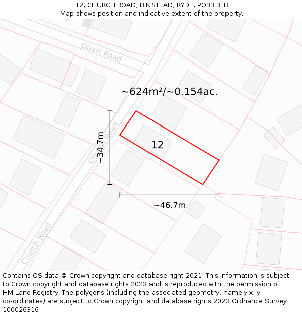 12, CHURCH ROAD, BINSTEAD, RYDE, PO33 3TB: Plot and title map