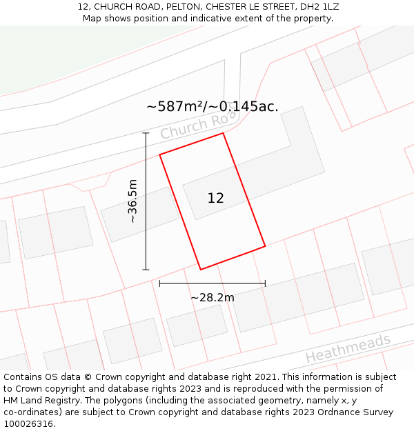 12, CHURCH ROAD, PELTON, CHESTER LE STREET, DH2 1LZ: Plot and title map