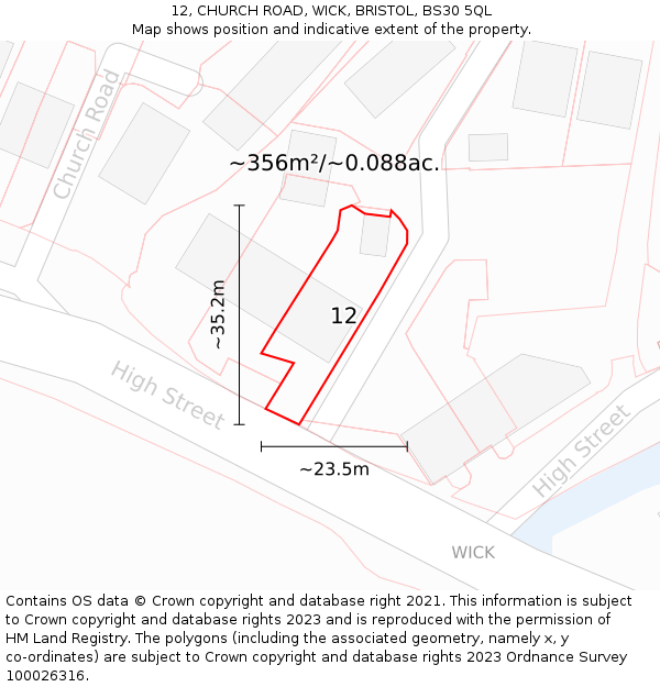 12, CHURCH ROAD, WICK, BRISTOL, BS30 5QL: Plot and title map