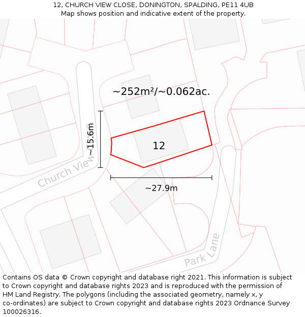 12, CHURCH VIEW CLOSE, DONINGTON, SPALDING, PE11 4UB: Plot and title map