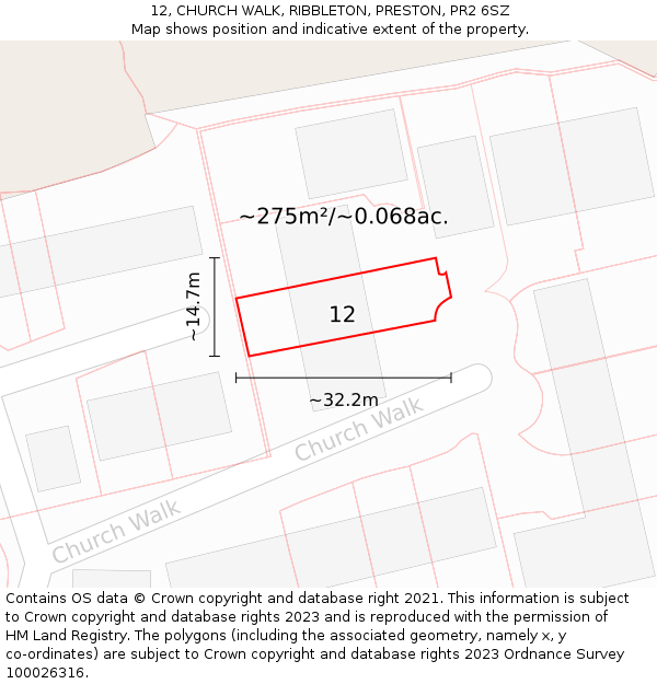 12, CHURCH WALK, RIBBLETON, PRESTON, PR2 6SZ: Plot and title map