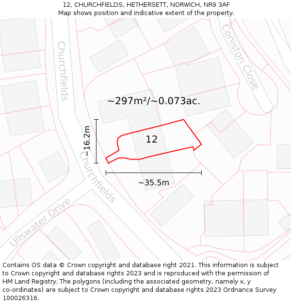 12, CHURCHFIELDS, HETHERSETT, NORWICH, NR9 3AF: Plot and title map