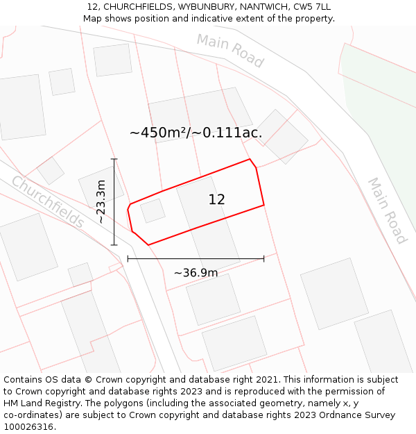 12, CHURCHFIELDS, WYBUNBURY, NANTWICH, CW5 7LL: Plot and title map