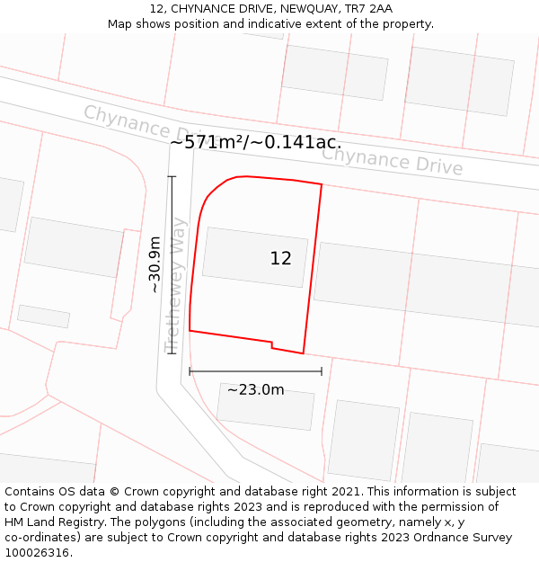 12, CHYNANCE DRIVE, NEWQUAY, TR7 2AA: Plot and title map