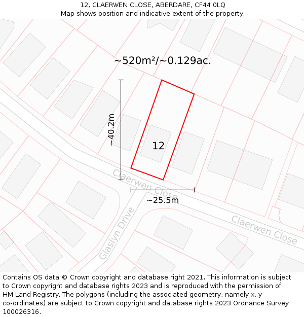 12, CLAERWEN CLOSE, ABERDARE, CF44 0LQ: Plot and title map