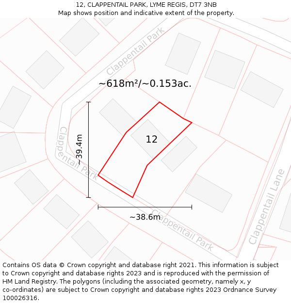 12, CLAPPENTAIL PARK, LYME REGIS, DT7 3NB: Plot and title map