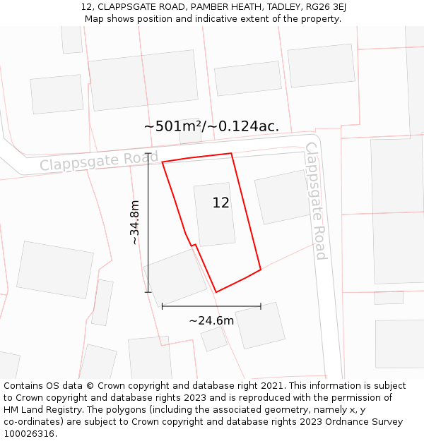 12, CLAPPSGATE ROAD, PAMBER HEATH, TADLEY, RG26 3EJ: Plot and title map