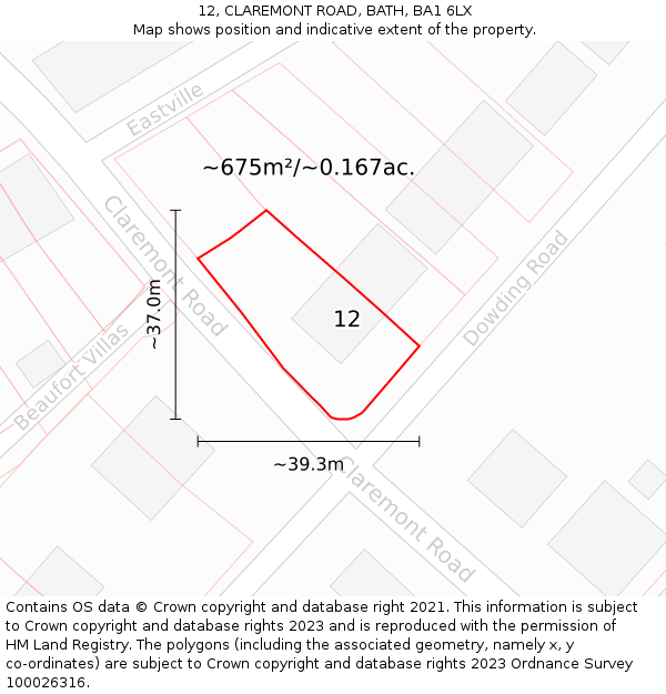 12, CLAREMONT ROAD, BATH, BA1 6LX: Plot and title map