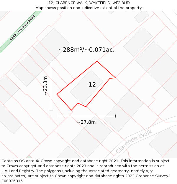 12, CLARENCE WALK, WAKEFIELD, WF2 8UD: Plot and title map