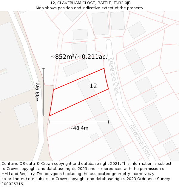 12, CLAVERHAM CLOSE, BATTLE, TN33 0JF: Plot and title map