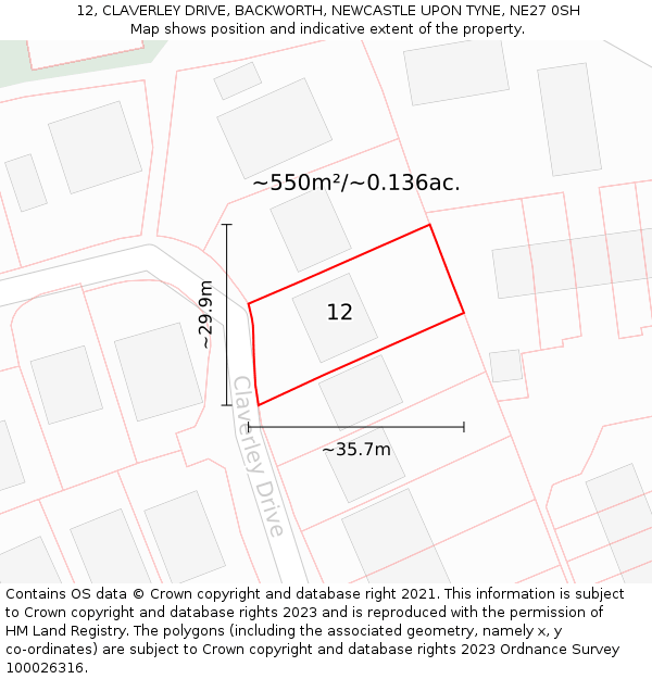 12, CLAVERLEY DRIVE, BACKWORTH, NEWCASTLE UPON TYNE, NE27 0SH: Plot and title map