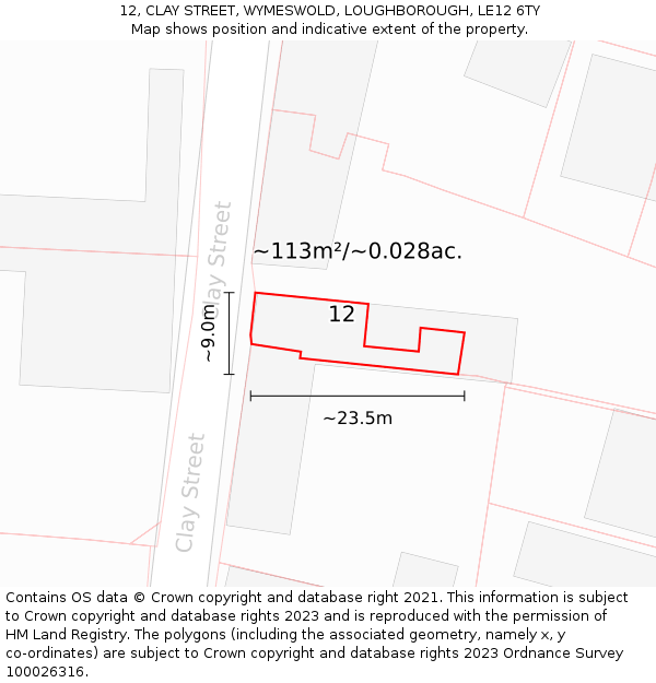 12, CLAY STREET, WYMESWOLD, LOUGHBOROUGH, LE12 6TY: Plot and title map