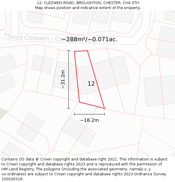 12, CLEDWEN ROAD, BROUGHTON, CHESTER, CH4 0TH: Plot and title map