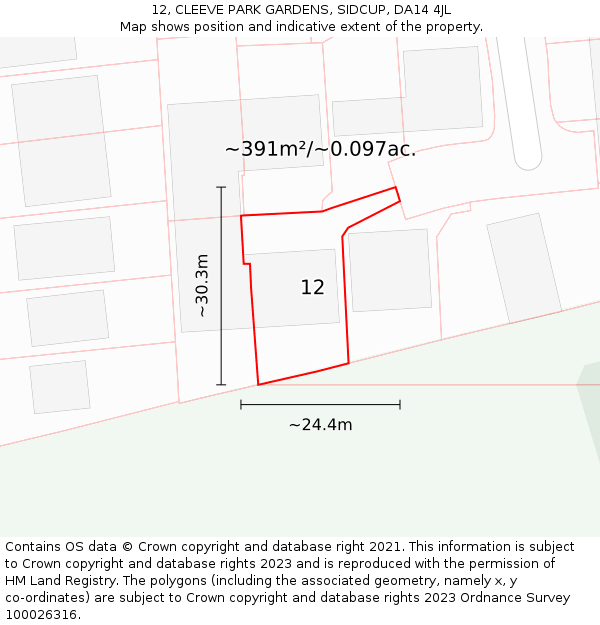 12, CLEEVE PARK GARDENS, SIDCUP, DA14 4JL: Plot and title map