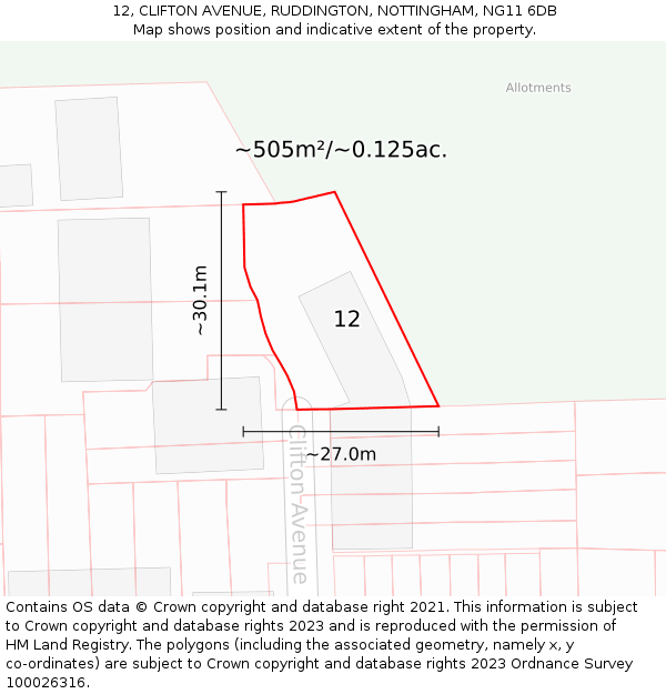 12, CLIFTON AVENUE, RUDDINGTON, NOTTINGHAM, NG11 6DB: Plot and title map