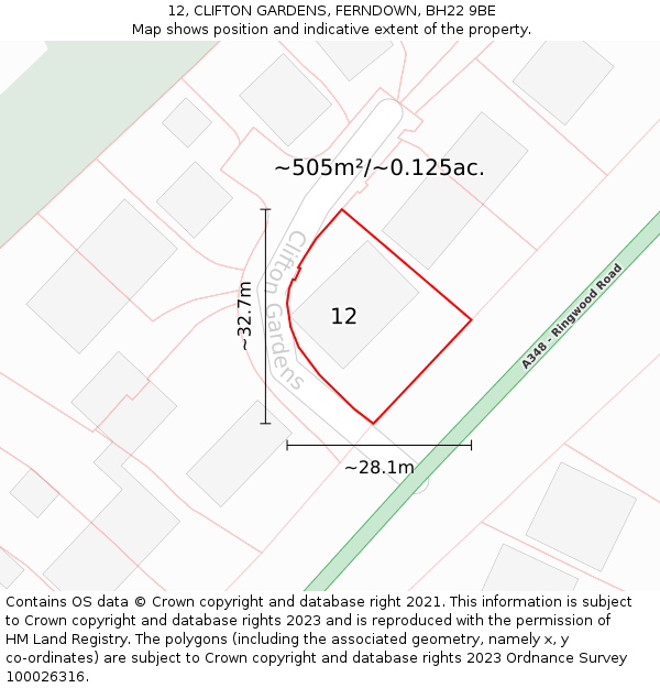 12, CLIFTON GARDENS, FERNDOWN, BH22 9BE: Plot and title map