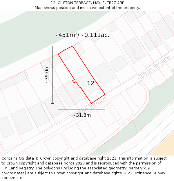 12, CLIFTON TERRACE, HAYLE, TR27 4BP: Plot and title map