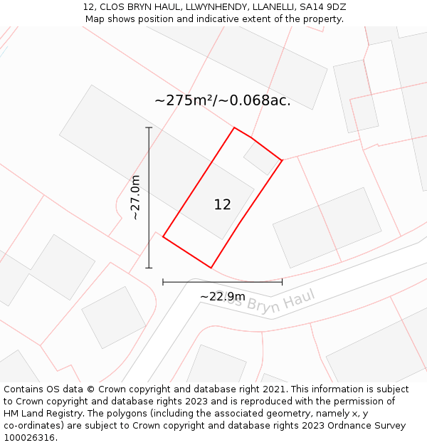 12, CLOS BRYN HAUL, LLWYNHENDY, LLANELLI, SA14 9DZ: Plot and title map