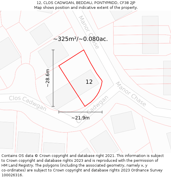 12, CLOS CADWGAN, BEDDAU, PONTYPRIDD, CF38 2JP: Plot and title map