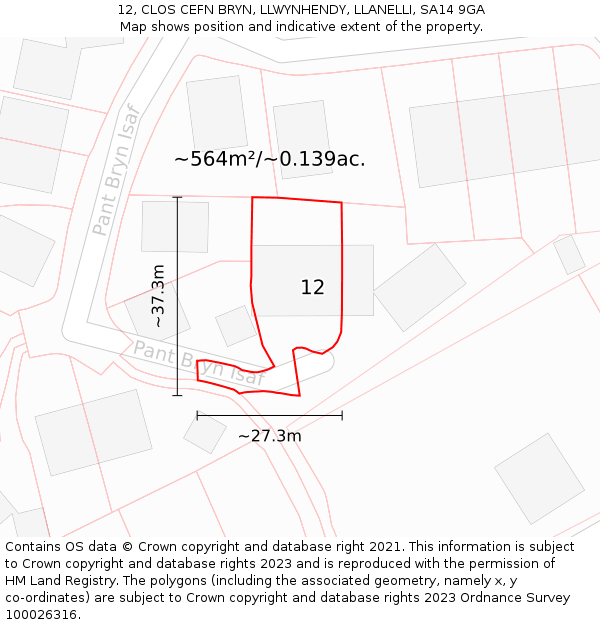 12, CLOS CEFN BRYN, LLWYNHENDY, LLANELLI, SA14 9GA: Plot and title map