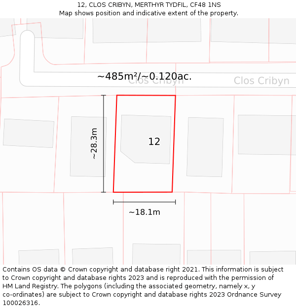 12, CLOS CRIBYN, MERTHYR TYDFIL, CF48 1NS: Plot and title map