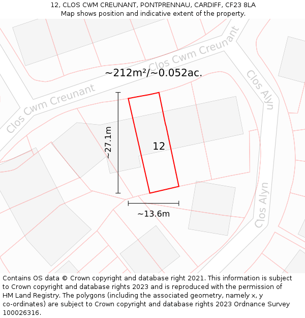 12, CLOS CWM CREUNANT, PONTPRENNAU, CARDIFF, CF23 8LA: Plot and title map