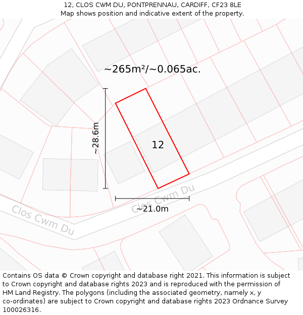 12, CLOS CWM DU, PONTPRENNAU, CARDIFF, CF23 8LE: Plot and title map