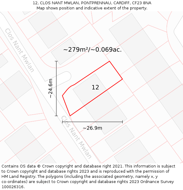 12, CLOS NANT MWLAN, PONTPRENNAU, CARDIFF, CF23 8NA: Plot and title map