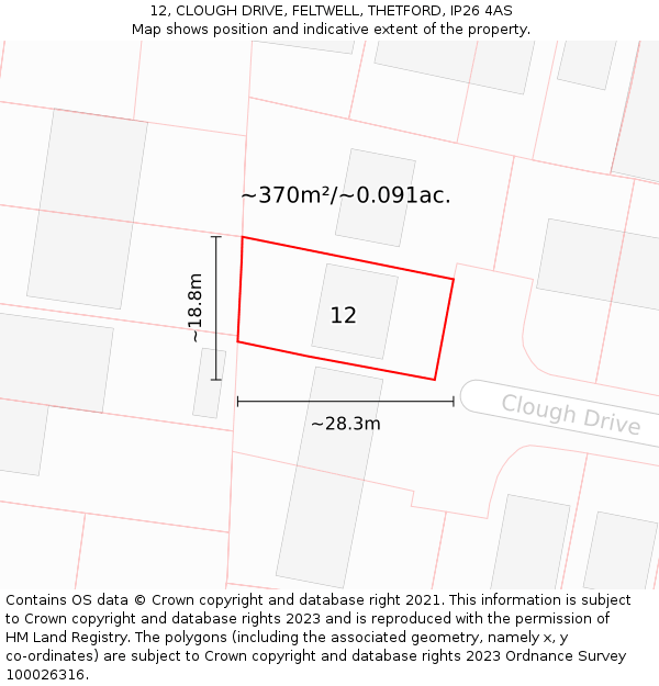 12, CLOUGH DRIVE, FELTWELL, THETFORD, IP26 4AS: Plot and title map