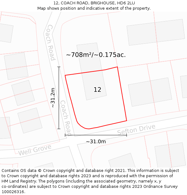 12, COACH ROAD, BRIGHOUSE, HD6 2LU: Plot and title map