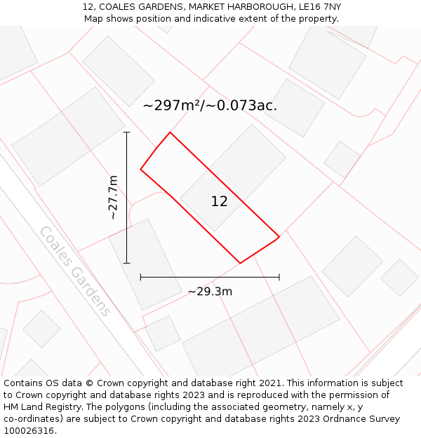 12, COALES GARDENS, MARKET HARBOROUGH, LE16 7NY: Plot and title map