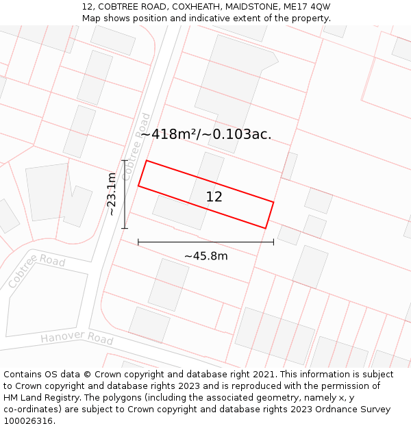 12, COBTREE ROAD, COXHEATH, MAIDSTONE, ME17 4QW: Plot and title map