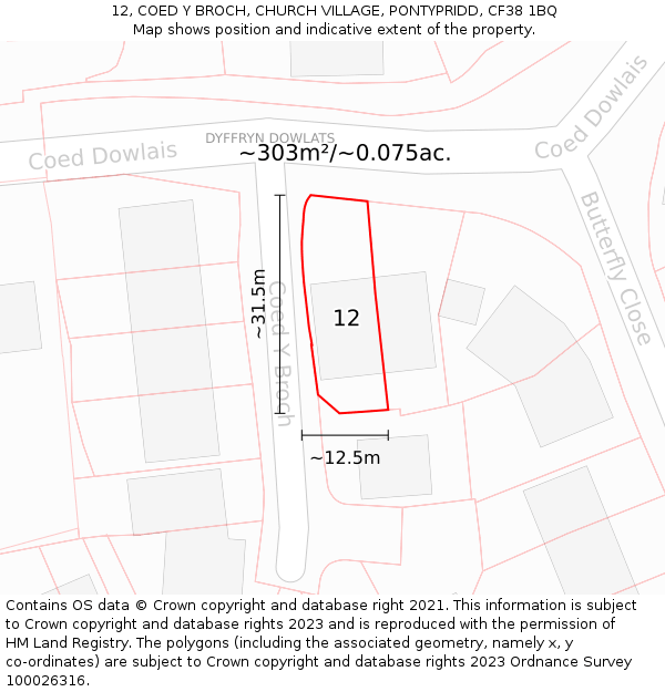 12, COED Y BROCH, CHURCH VILLAGE, PONTYPRIDD, CF38 1BQ: Plot and title map