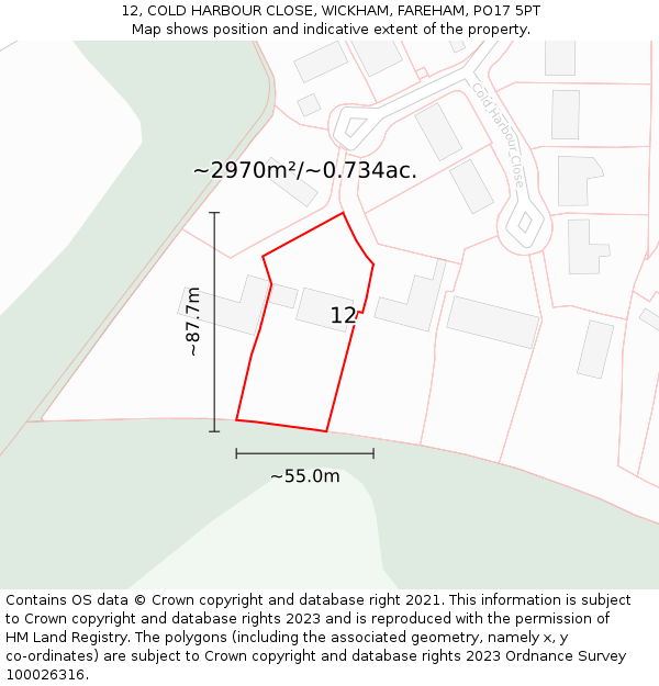 12, COLD HARBOUR CLOSE, WICKHAM, FAREHAM, PO17 5PT: Plot and title map