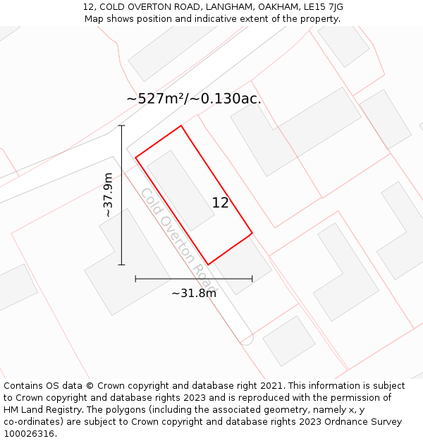 12, COLD OVERTON ROAD, LANGHAM, OAKHAM, LE15 7JG: Plot and title map