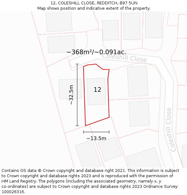 12, COLESHILL CLOSE, REDDITCH, B97 5UN: Plot and title map