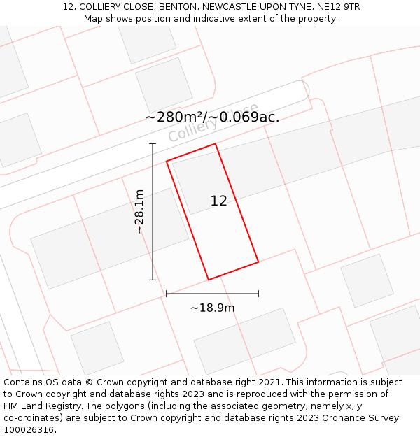 12, COLLIERY CLOSE, BENTON, NEWCASTLE UPON TYNE, NE12 9TR: Plot and title map
