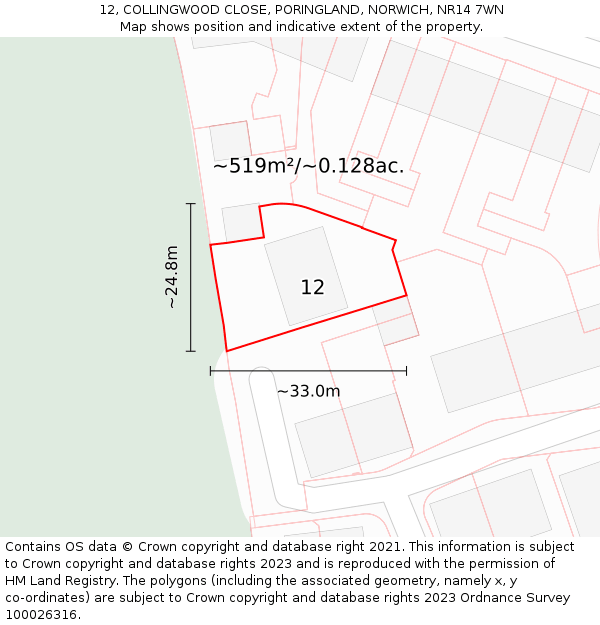 12, COLLINGWOOD CLOSE, PORINGLAND, NORWICH, NR14 7WN: Plot and title map