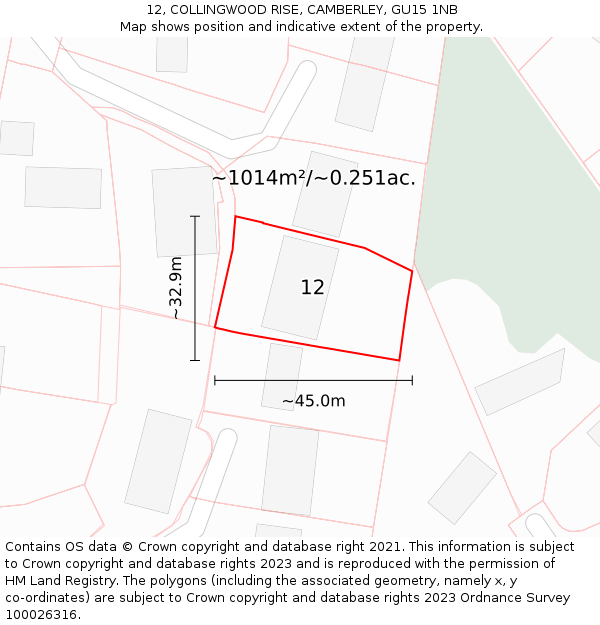 12, COLLINGWOOD RISE, CAMBERLEY, GU15 1NB: Plot and title map