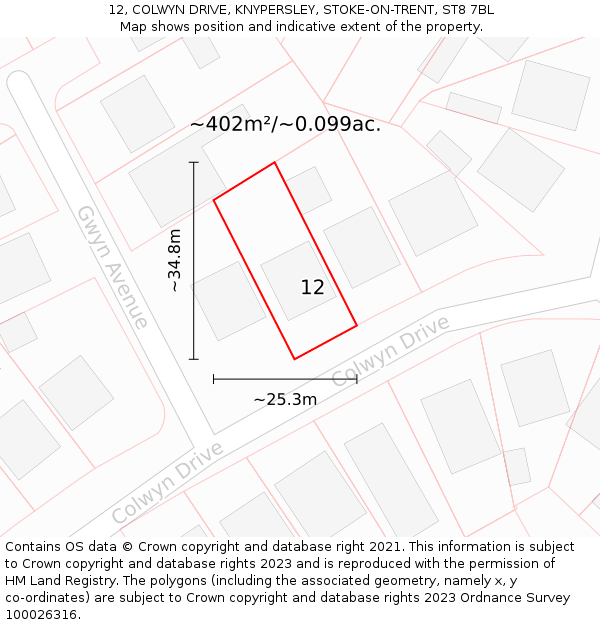 12, COLWYN DRIVE, KNYPERSLEY, STOKE-ON-TRENT, ST8 7BL: Plot and title map