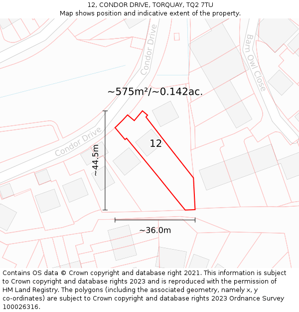 12, CONDOR DRIVE, TORQUAY, TQ2 7TU: Plot and title map