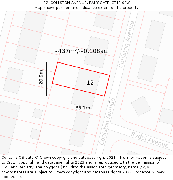 12, CONISTON AVENUE, RAMSGATE, CT11 0PW: Plot and title map