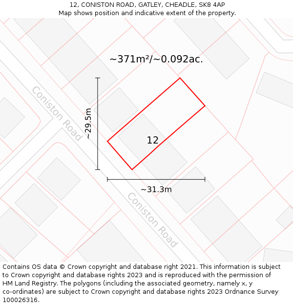 12, CONISTON ROAD, GATLEY, CHEADLE, SK8 4AP: Plot and title map