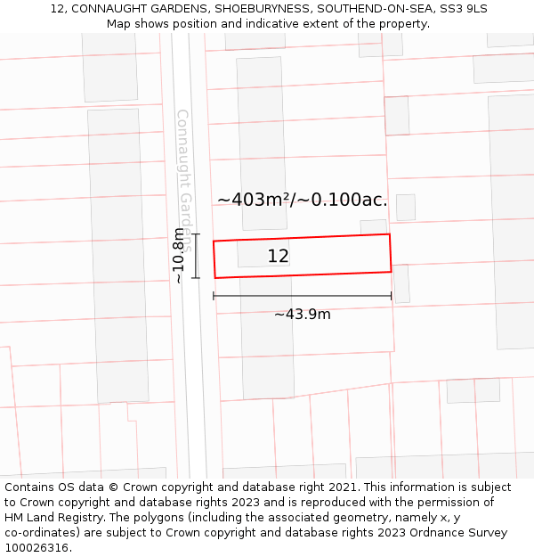 12, CONNAUGHT GARDENS, SHOEBURYNESS, SOUTHEND-ON-SEA, SS3 9LS: Plot and title map