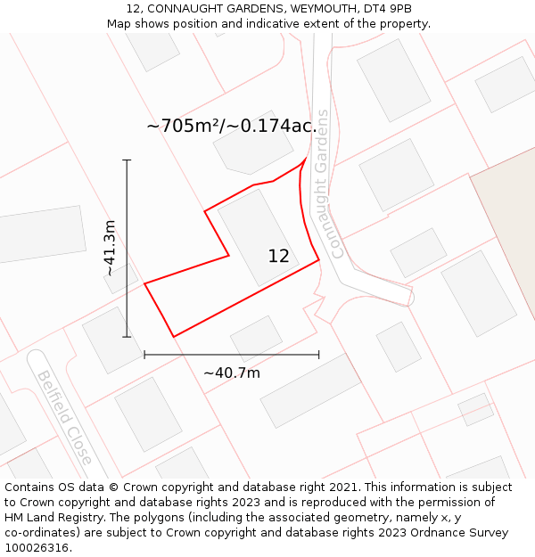 12, CONNAUGHT GARDENS, WEYMOUTH, DT4 9PB: Plot and title map