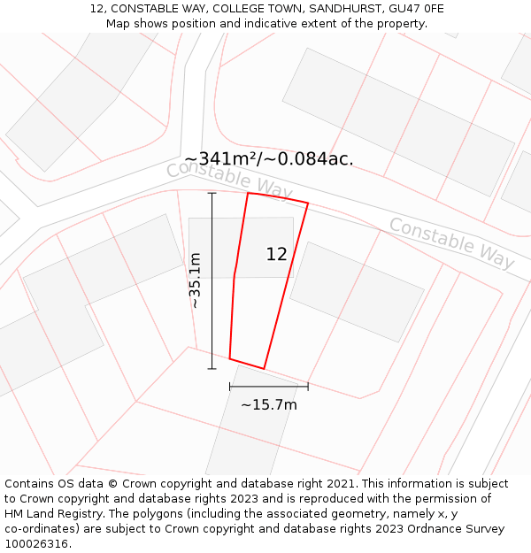 12, CONSTABLE WAY, COLLEGE TOWN, SANDHURST, GU47 0FE: Plot and title map