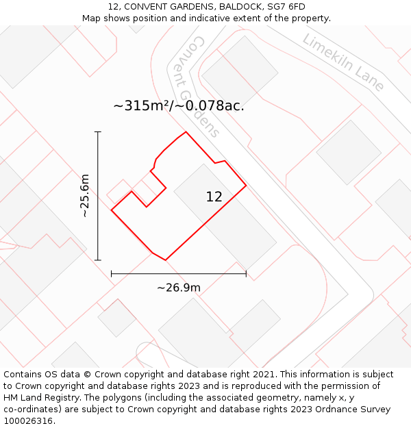 12, CONVENT GARDENS, BALDOCK, SG7 6FD: Plot and title map